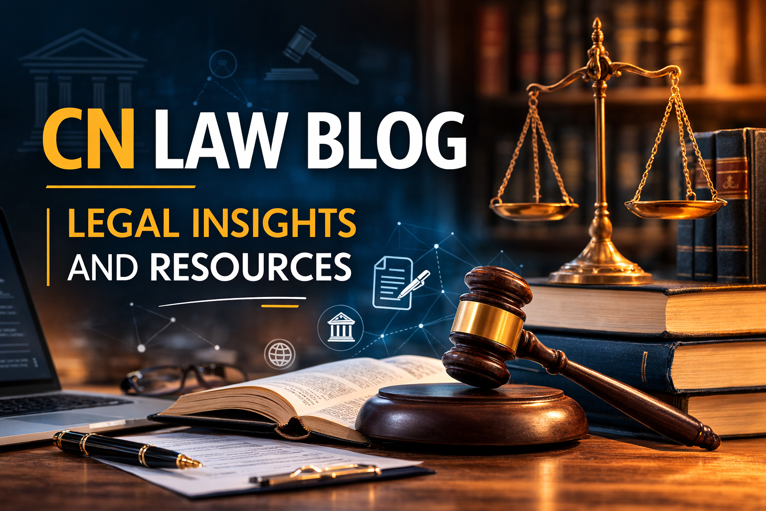 CN Law Blog feature image showing gavel, scales of justice, law books, and laptop representing legal insights and resources
