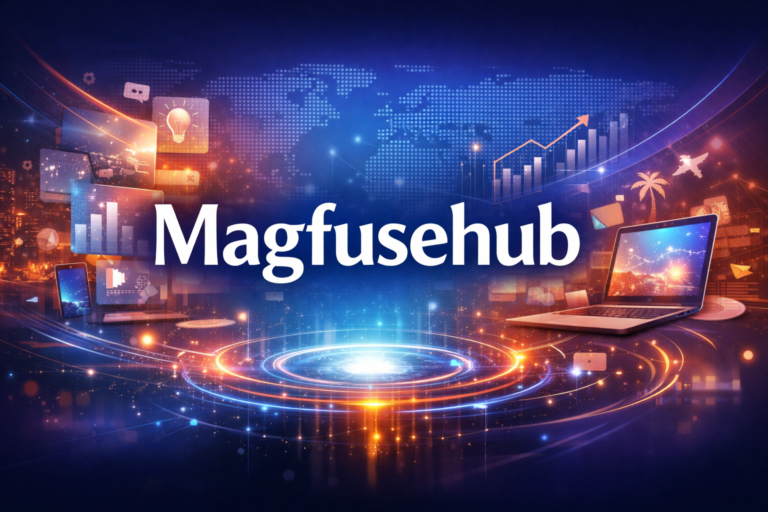 Magfusehub showing digital content hub with technology, business, and lifestyle elements