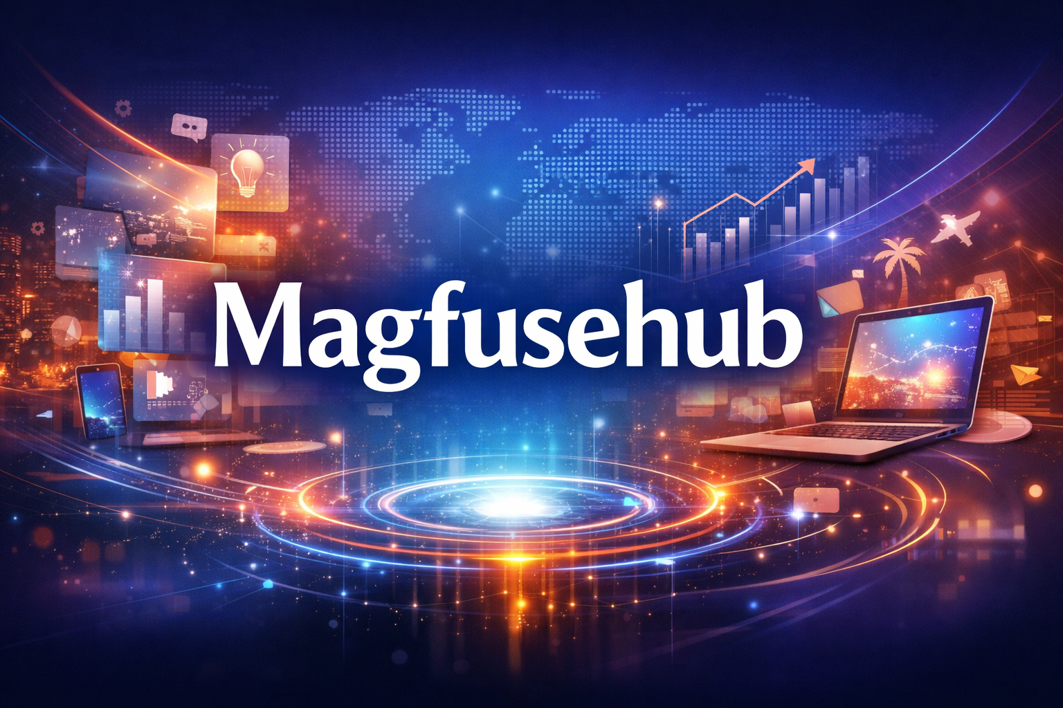Magfusehub showing digital content hub with technology, business, and lifestyle elements