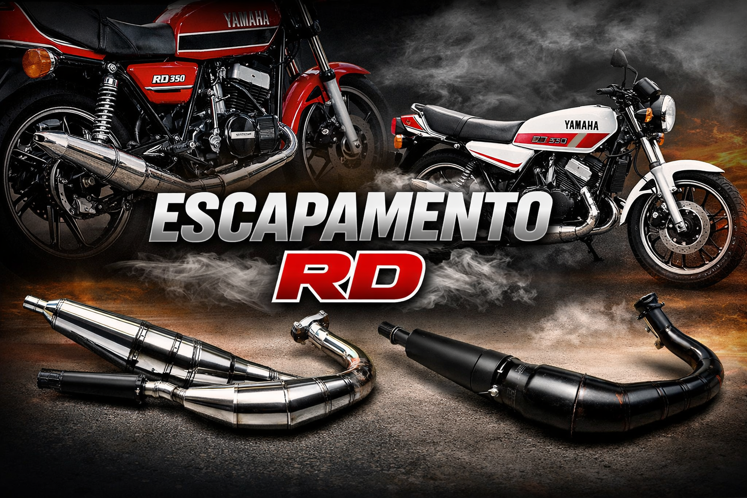 Escapamento RD exhaust system for Yamaha RD 350 motorcycle showing performance expansion chamber design