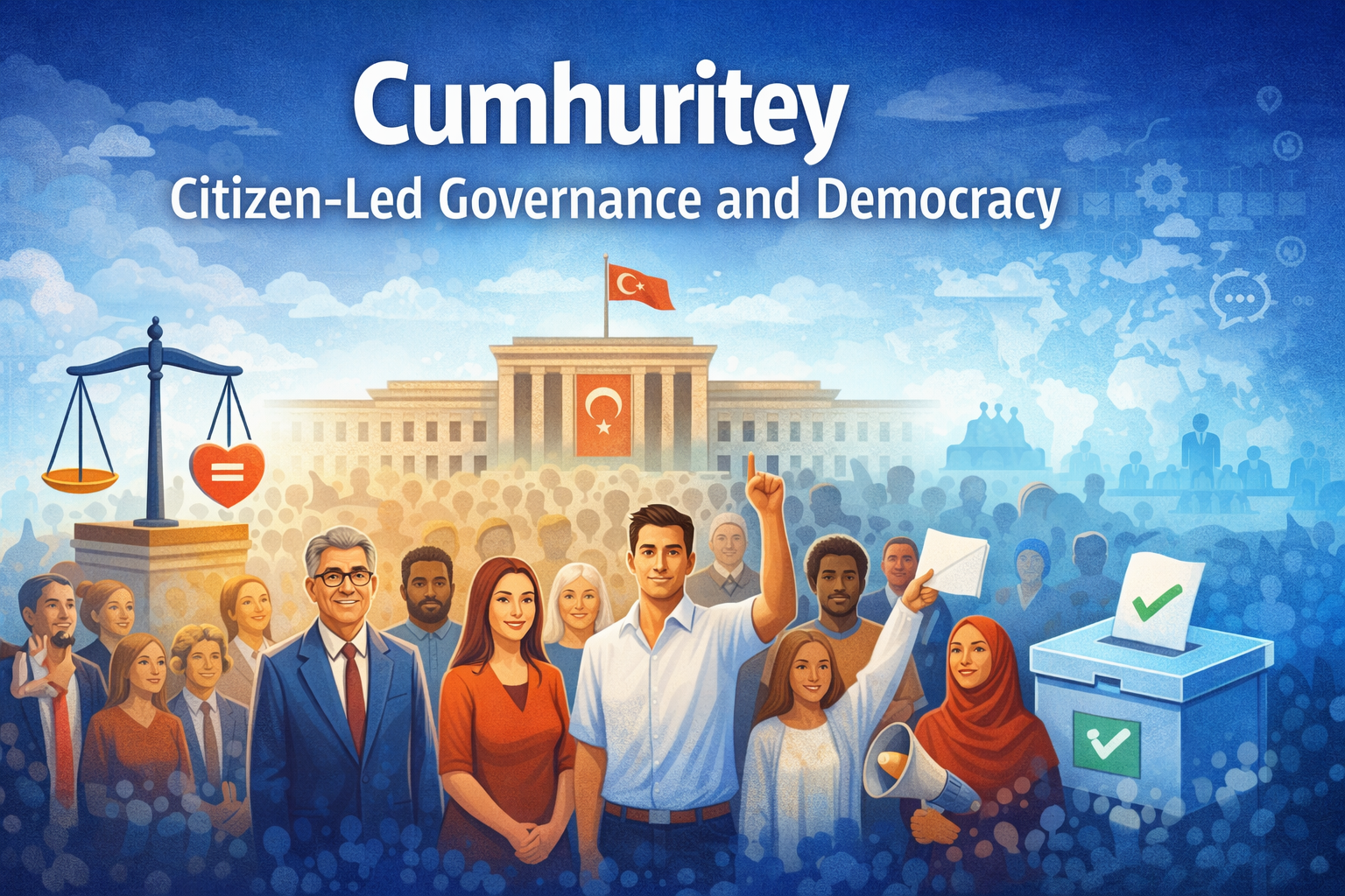 Illustration of democratic governance showing citizens, parliament, and symbols of equality and civic participation in Cumhuritey