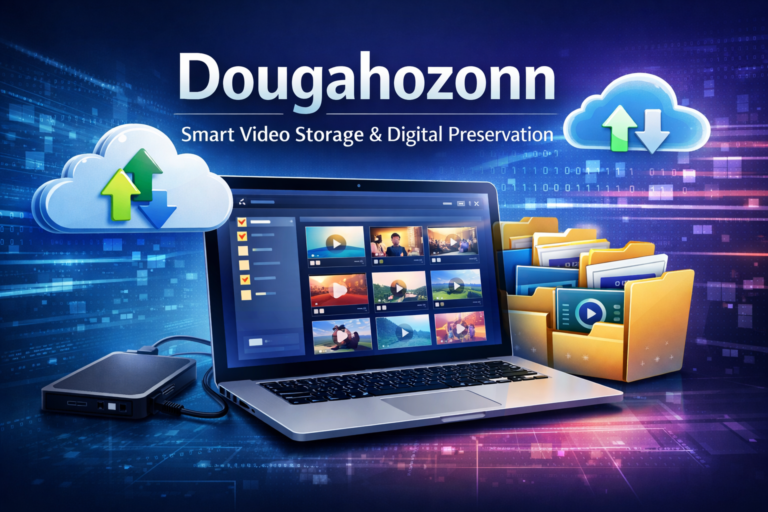 Dougahozonn concept showing video storage, cloud backup, and digital media organization on a laptop