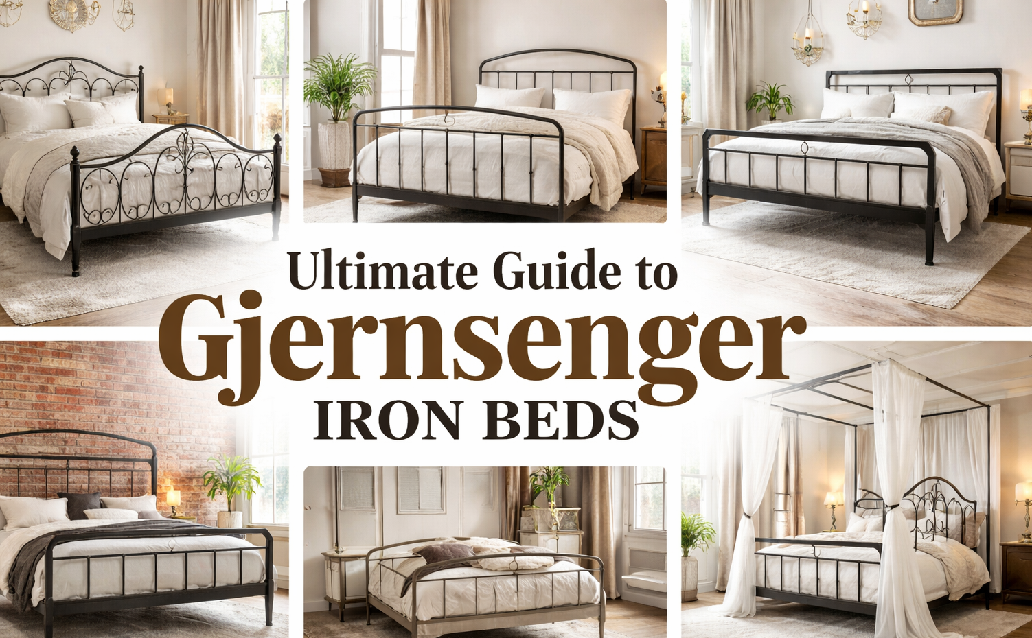Collage of stylish iron beds (gjernsenger) in modern and classic bedroom interiors showcasing different designs.