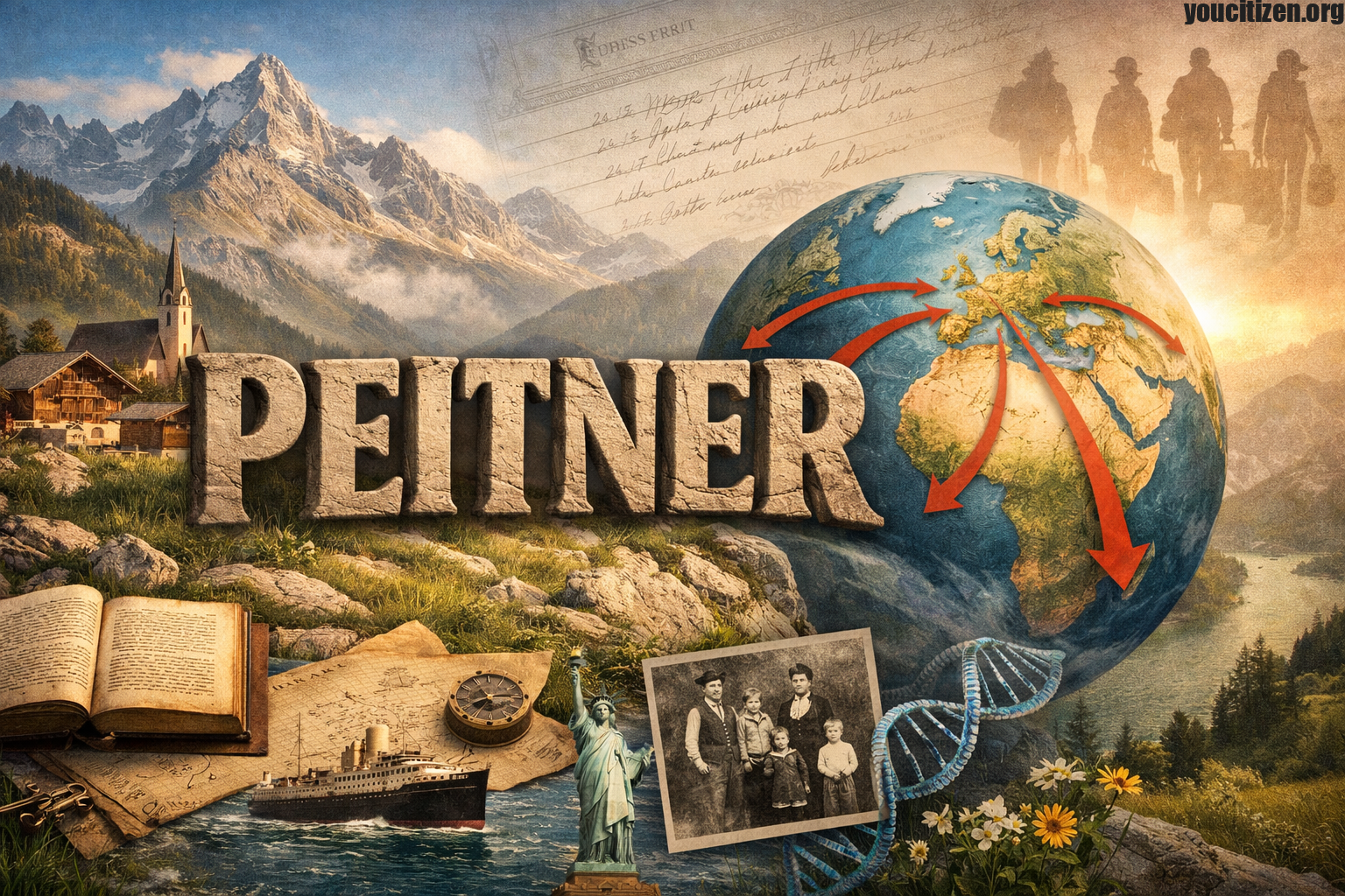 Illustration showing Peitner surname history with Alpine mountains, migration routes, globe, and genealogy elements