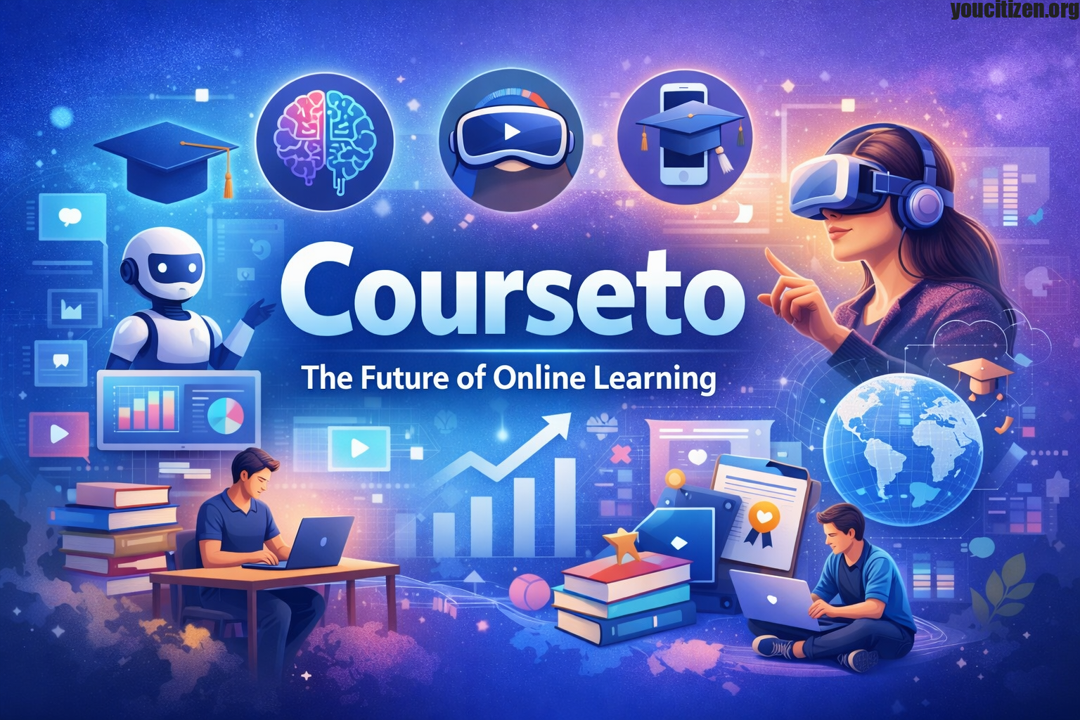 Futuristic Courseto online learning platform illustration showing AI tutoring, digital courses, and students engaged in virtual education.