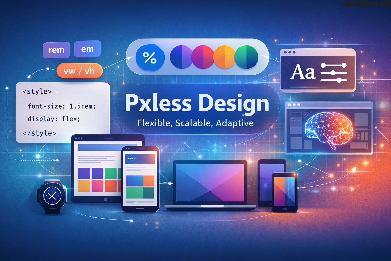 Pxless design illustration showing responsive UI elements, scalable typography, and flexible layout systems across multiple devices