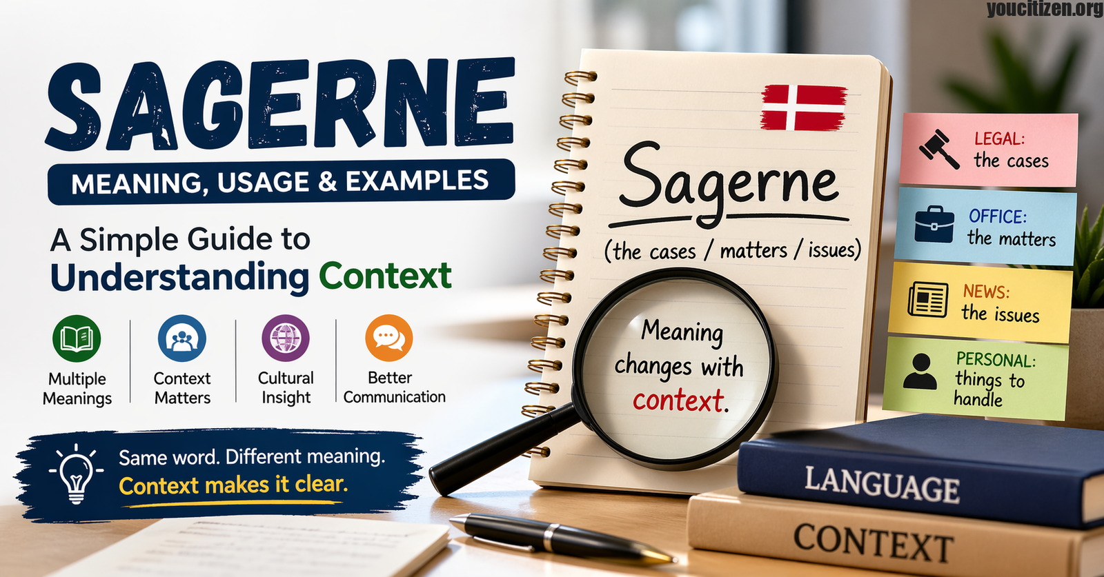 Educational infographic explaining the meaning of the Danish word “sagerne” with examples in legal, office, news, and personal contexts.