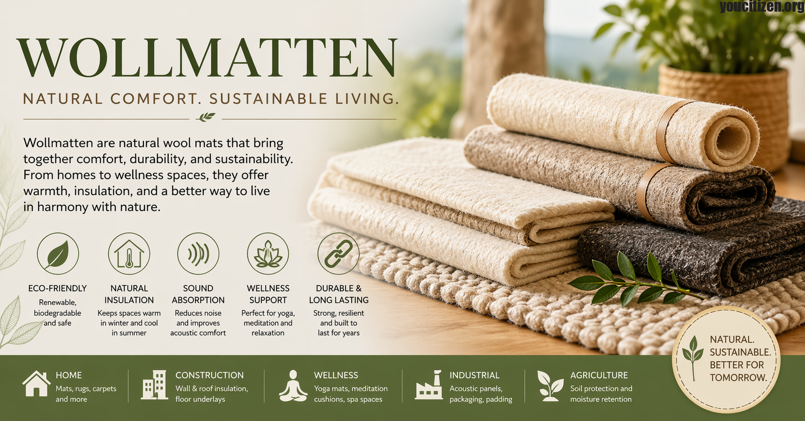 Wollmatten made from natural wool fibres used for insulation, home décor, yoga, and eco-friendly sustainable living applications