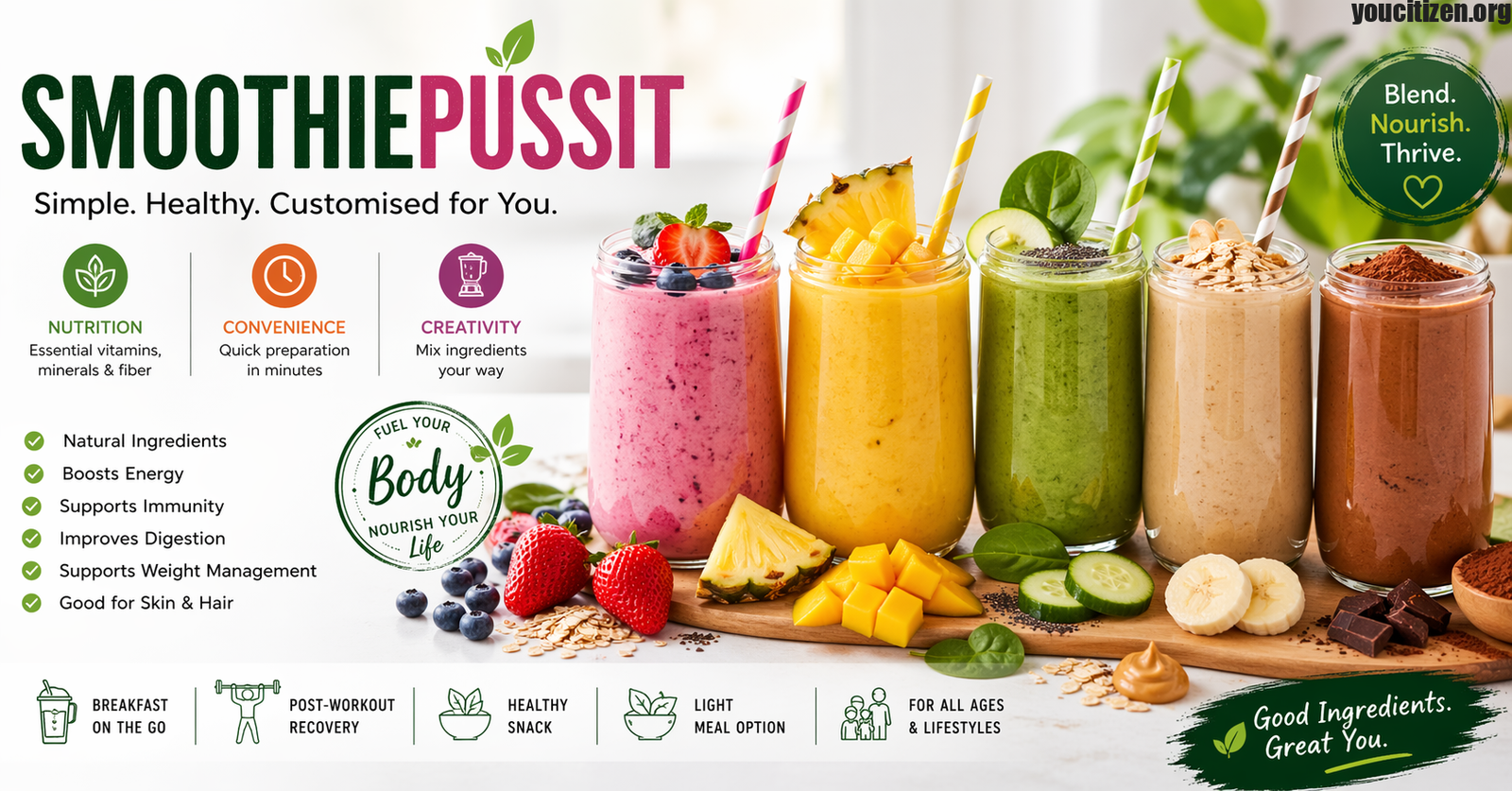 Colourful Smoothiepussit smoothie infographic showing fresh fruits, green vegetables, and healthy smoothie blends representing nutrition, energy, and wellness lifestyle.