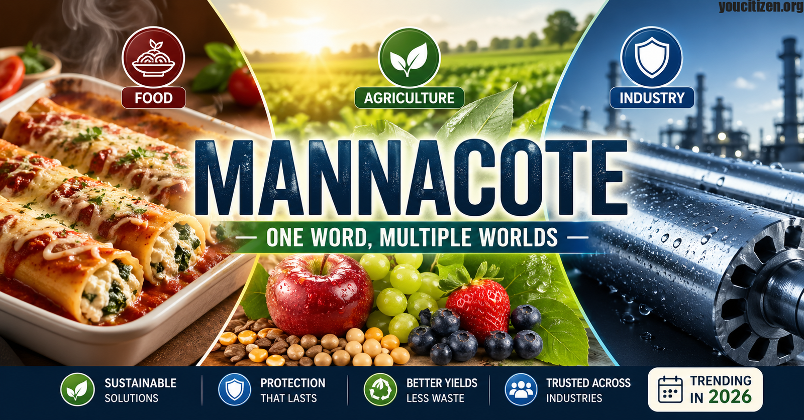 Split image showing Mannacote as baked pasta, agricultural coating on produce, and industrial protective surface