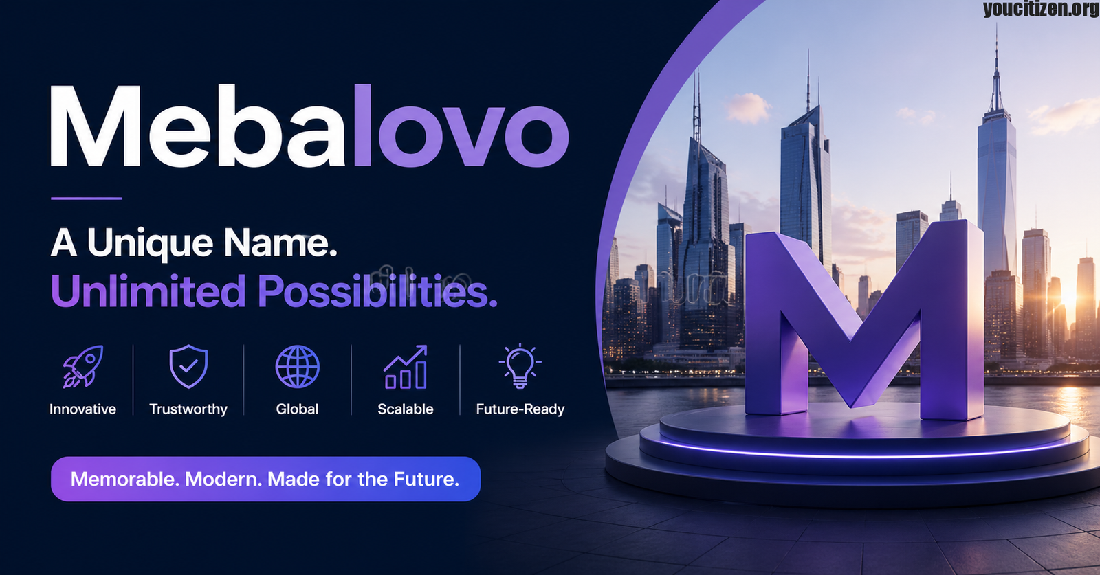 Futuristic Mebalovo branding banner showing modern business concept with innovation, technology, and global startup potential
