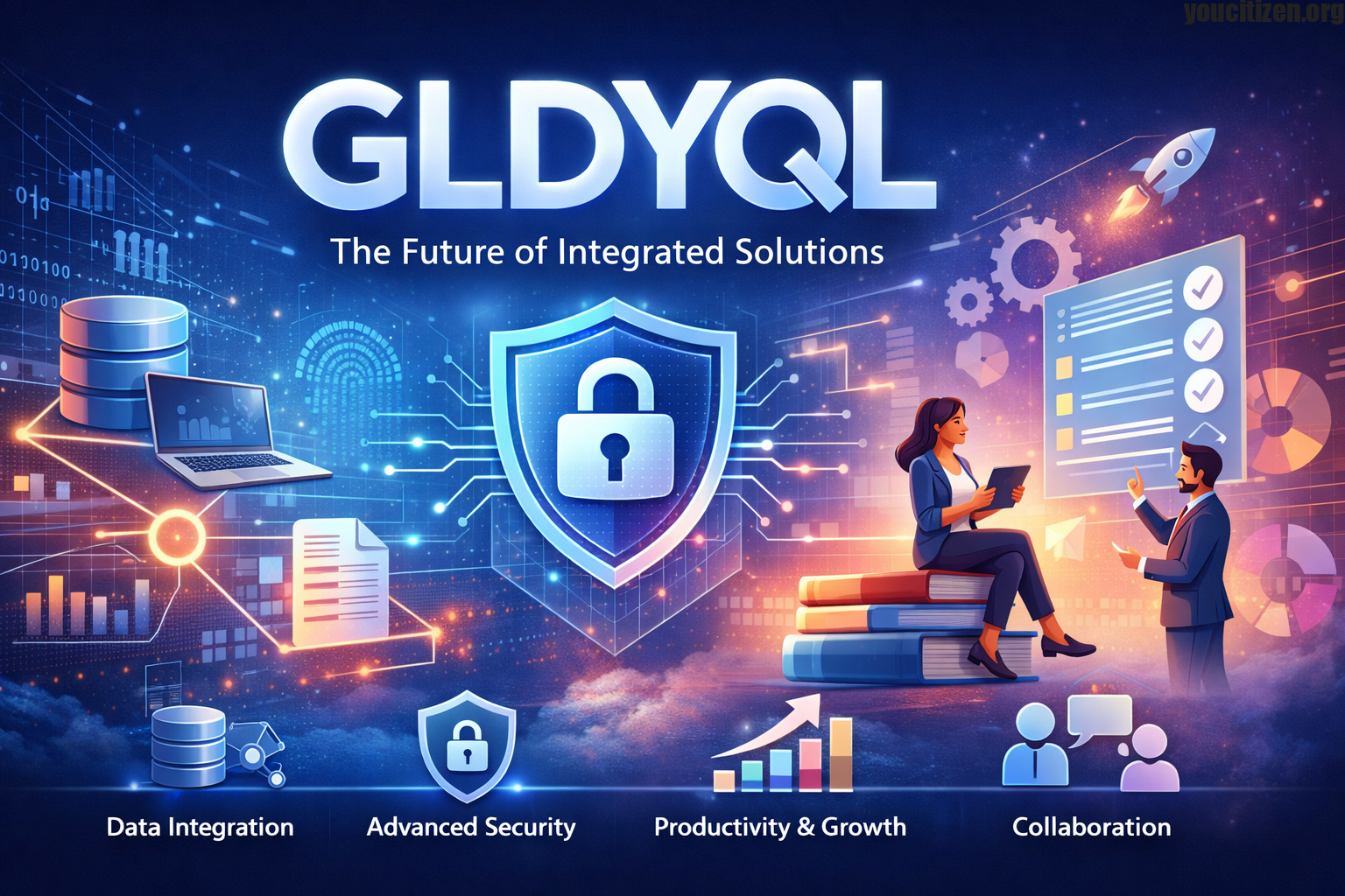 GLDYQL digital framework illustration showing data integration, cybersecurity, productivity, and team collaboration in a futuristic design