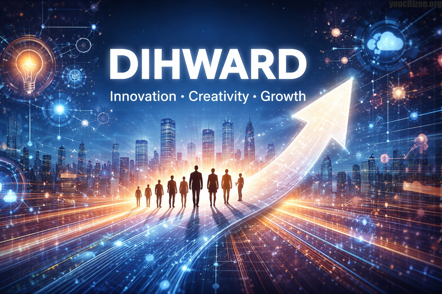 Futuristic illustration of Dihward concept showing innovation, technology, and people moving towards growth in a digital city environment