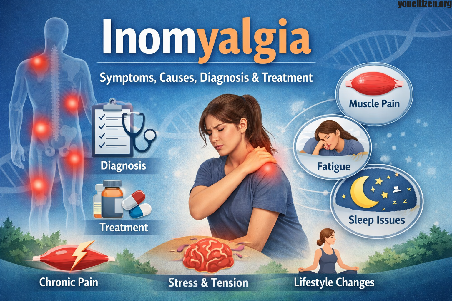 Illustration showing Inomyalgia symptoms including muscle pain, fatigue, sleep issues, and treatment options for chronic muscle pain