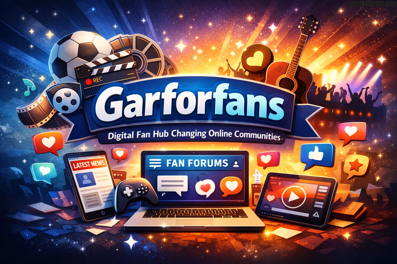 Garforfans digital fan hub illustration showing online communities, fan engagement, and interactive content sharing across sports, music, gaming, and entertainment.