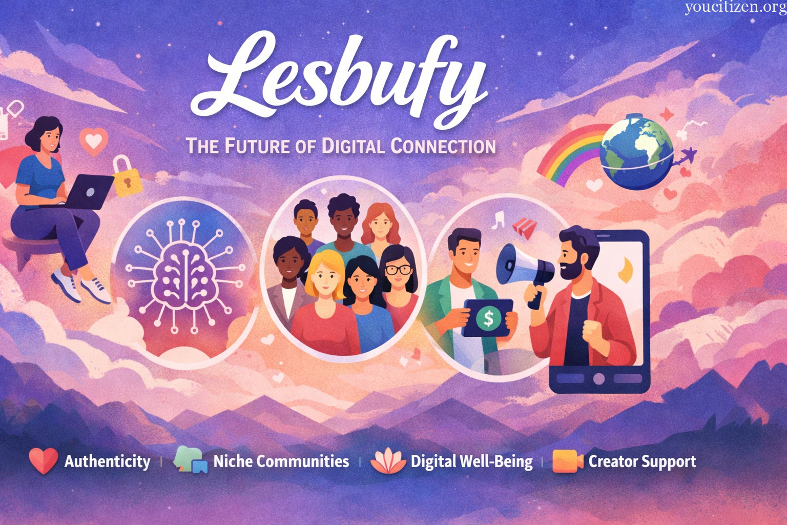 Digital illustration of Lesbufy platform showing community interaction, AI concept, and creators connected through digital devices in a colourful futuristic design.