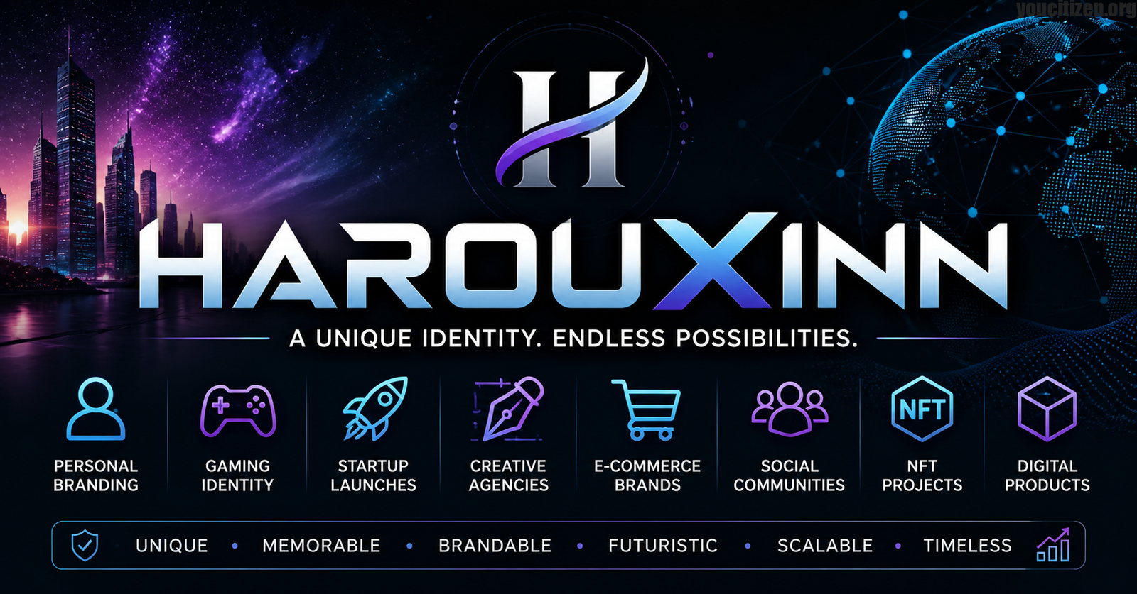 Futuristic Harouxinn branding concept showing digital identity, gaming, business, and creative ecosystem with neon tech design